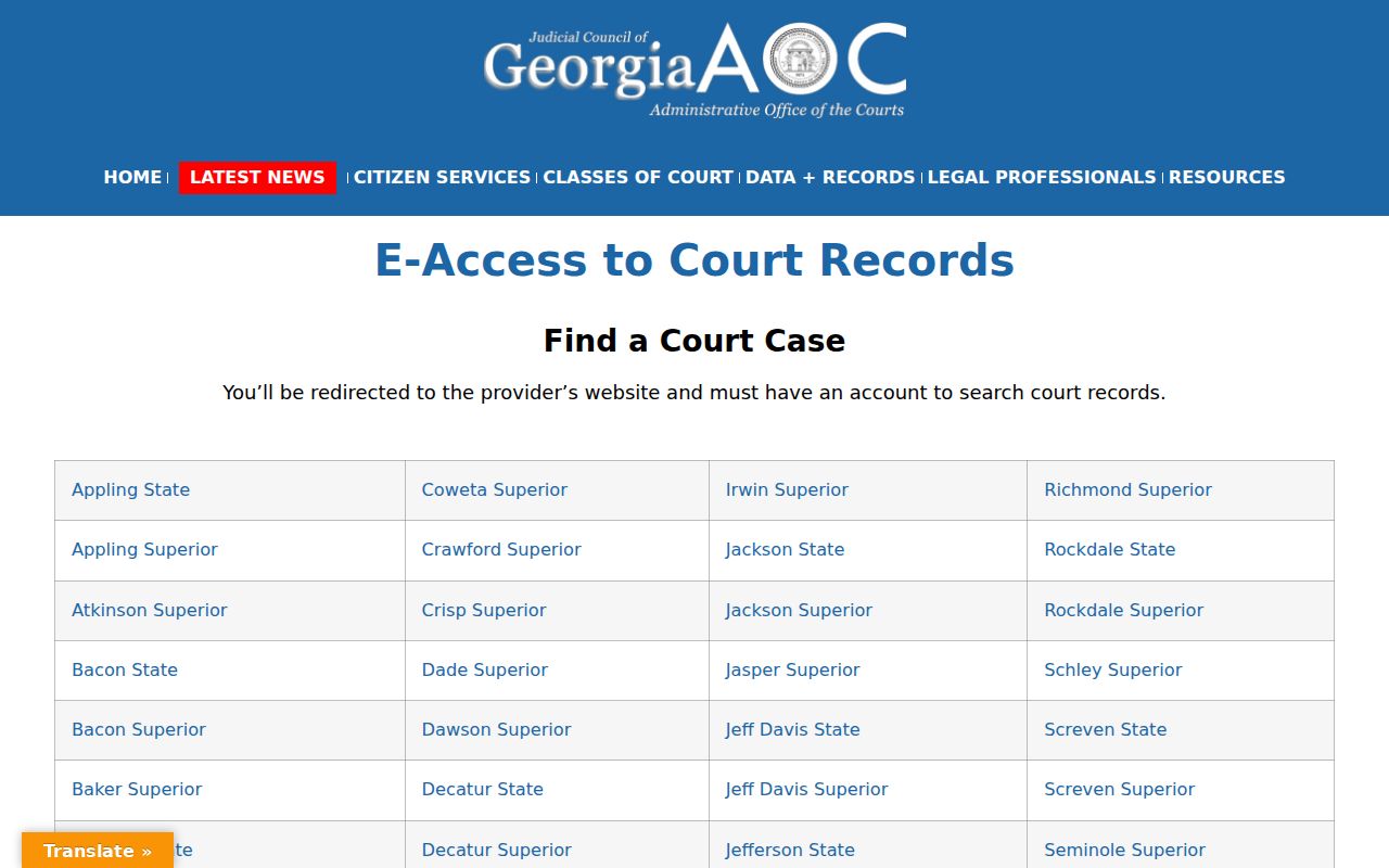 Georgia Courts eAccess find-a-case gateway for Screven County court records